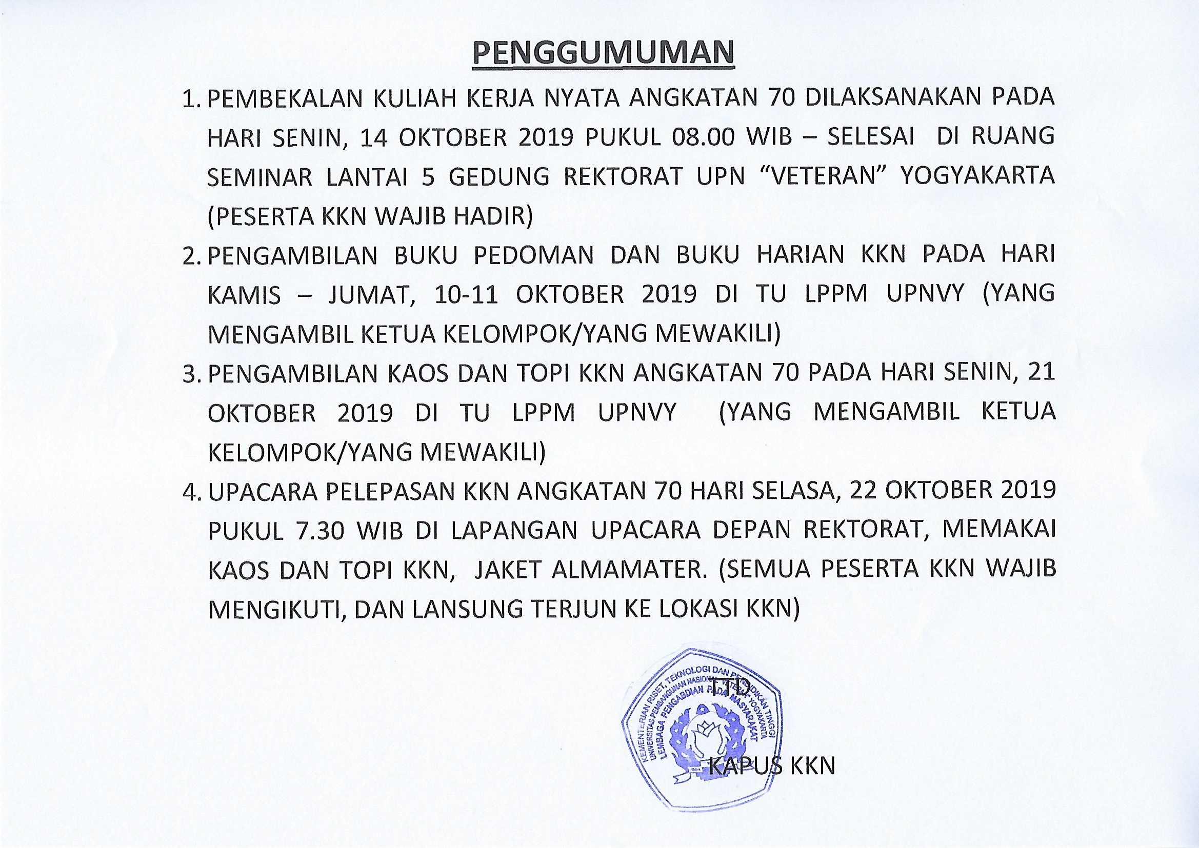 PENGUMUMAN KKN ANGKATAN 70
