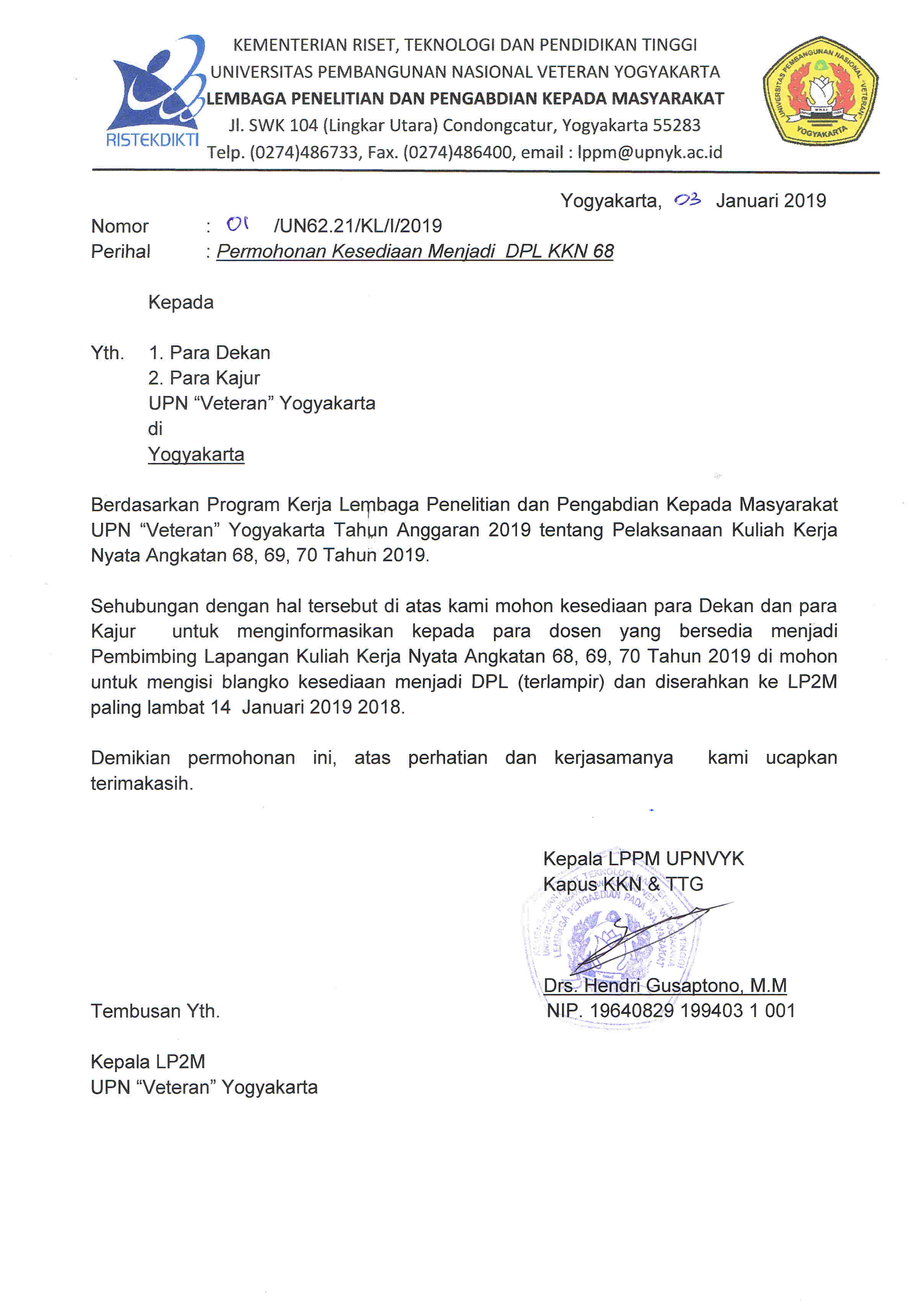 Permohonan Kesediaan Menjadi DPL KKN 68 UPNVY