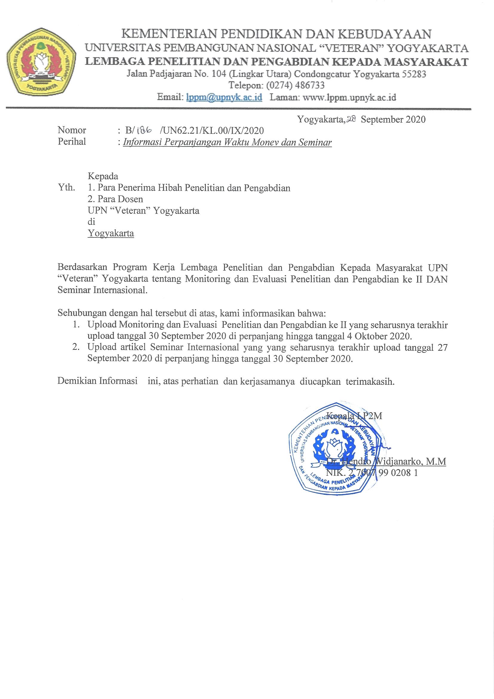 PERPANJANGAN WAKTU UPLOAD DOKUMEN MONEV II DAN SEMINAR INTERNASIONAL