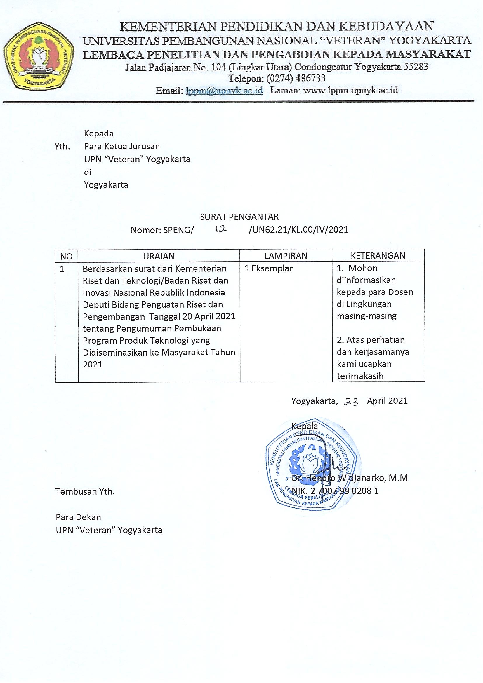 Pembukaan Program Produk Teknologi yang Didiseminasikan ke Masyarakat Tahun 2021