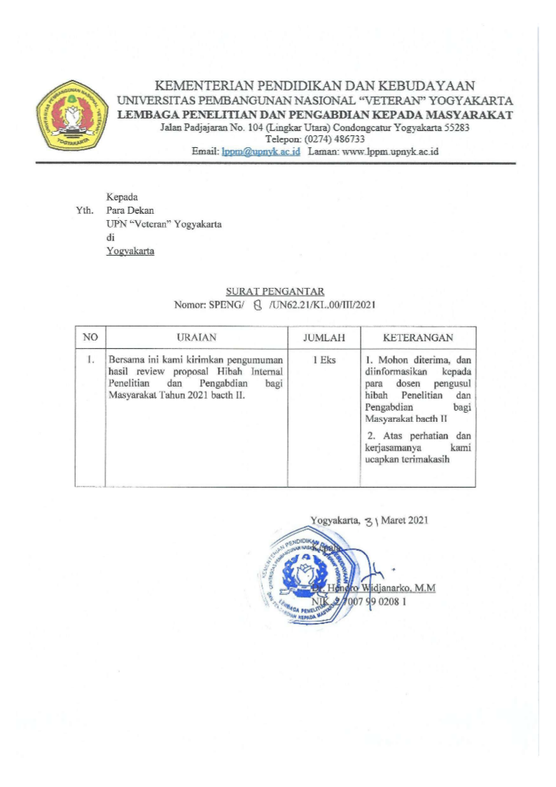 PENGUMUMAN PENERIMA HIBAH PENELITIAN - PENGABDIAN INTERNAL UPNVY TA 2021 BATCH 2