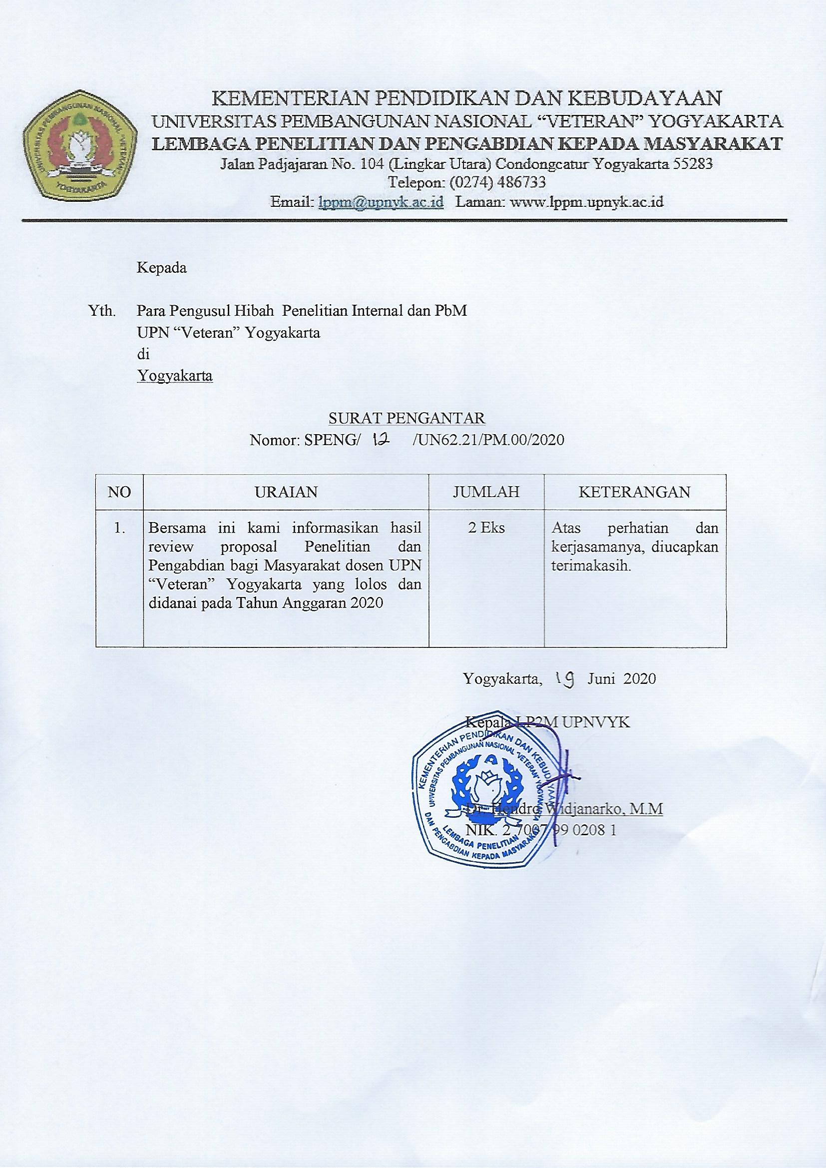 Pengumuman Penerima Pendanaan Penelitian dan Pengabdian Internal UPNVY Tahun 2020