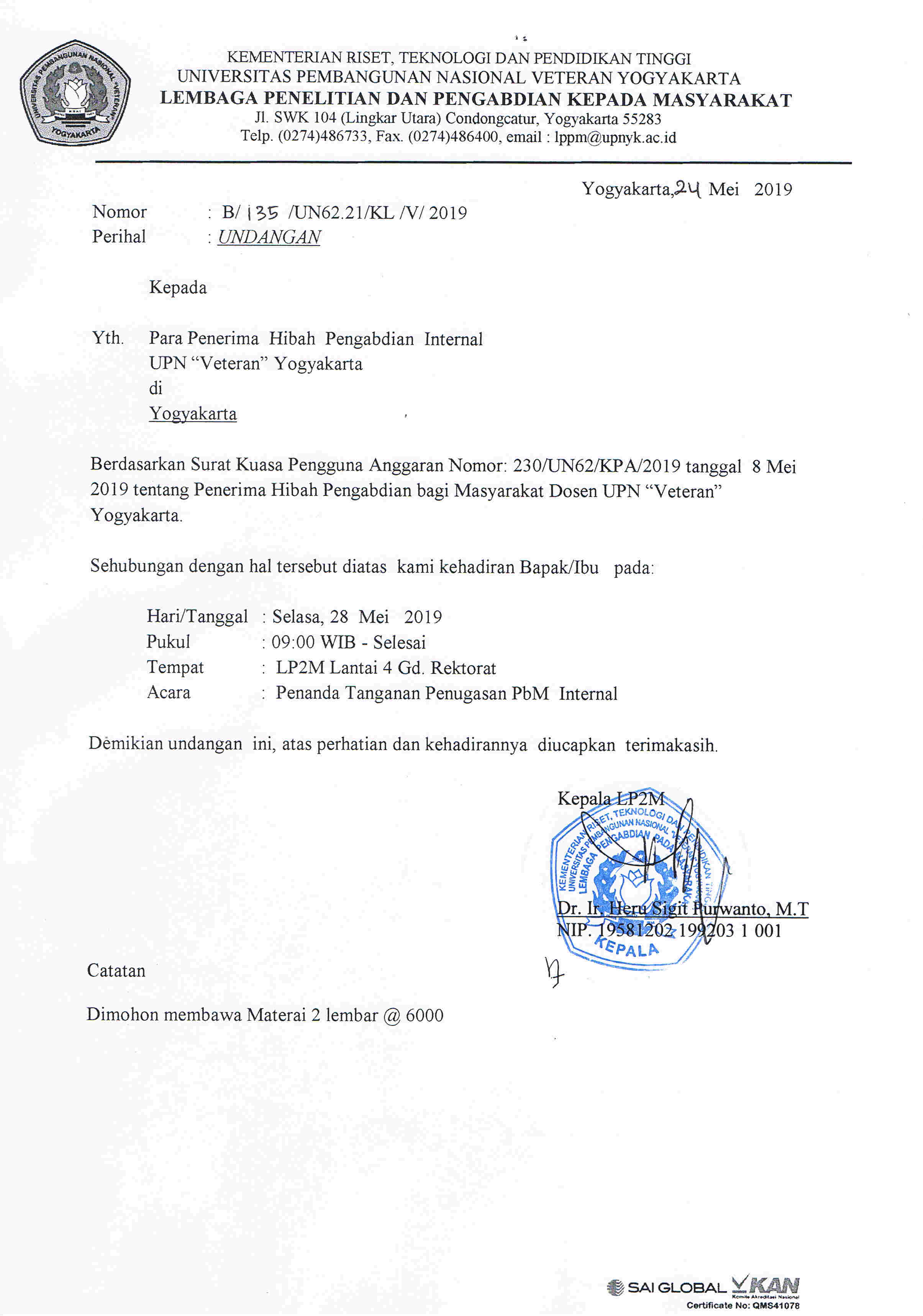 Undangan Penanda Tanganan Penugasan Pengabdian Internal