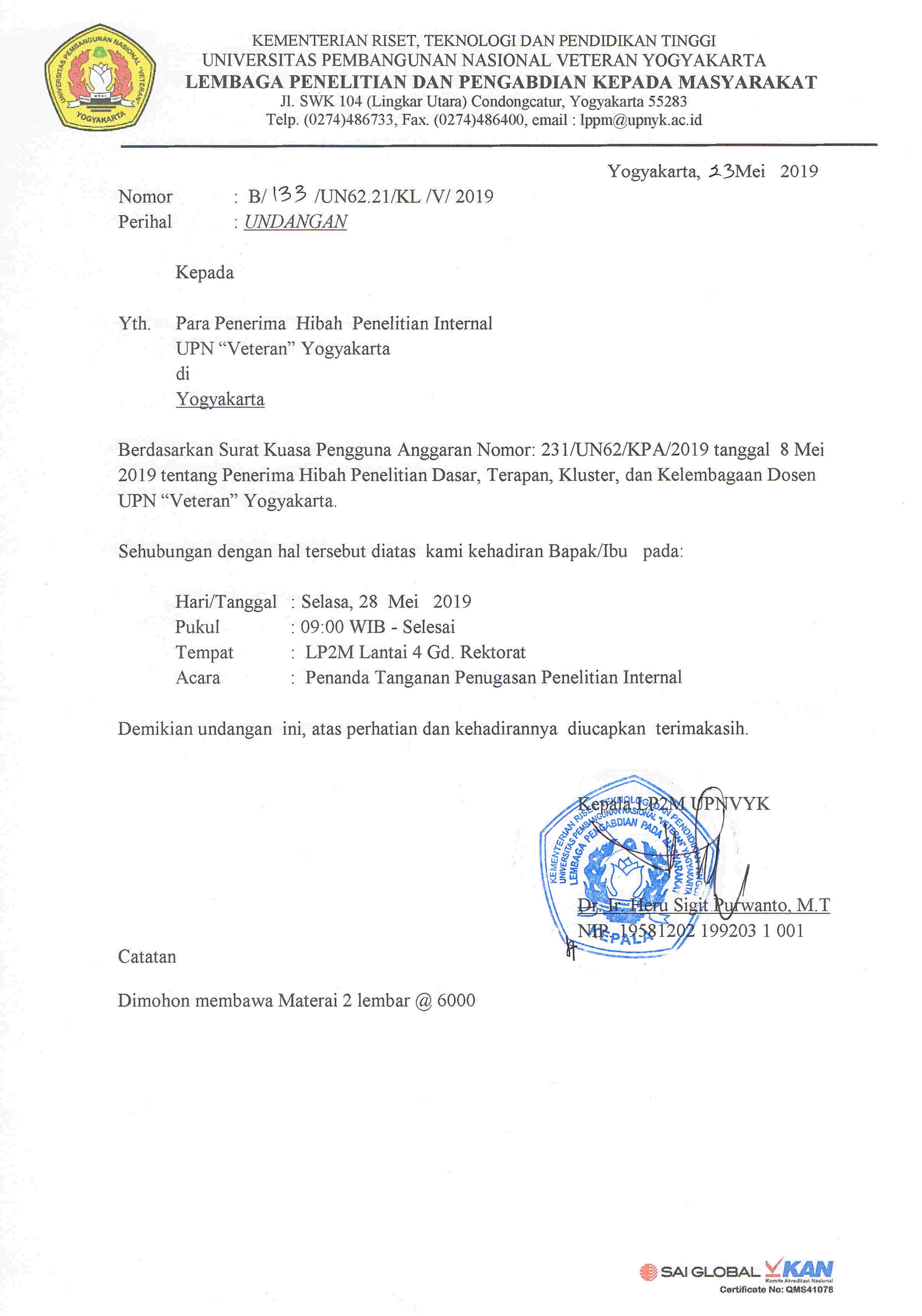 Undangan Penanda Tanganan Penugasan Penelitian Internal
