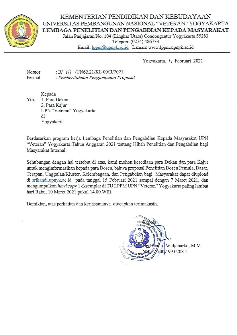 Pemberitahuan Pengumpulan dan Upload Proposal Hibah Internal 2021